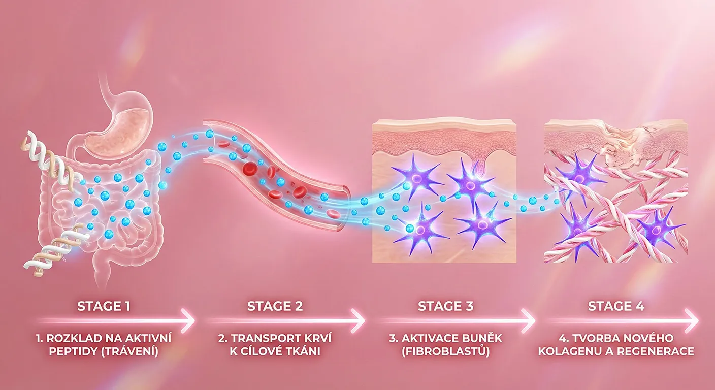 Infografika: Jak mořský kolagen působí v těle – trávení, transport, aktivace buněk a tvorba nového kolagenu